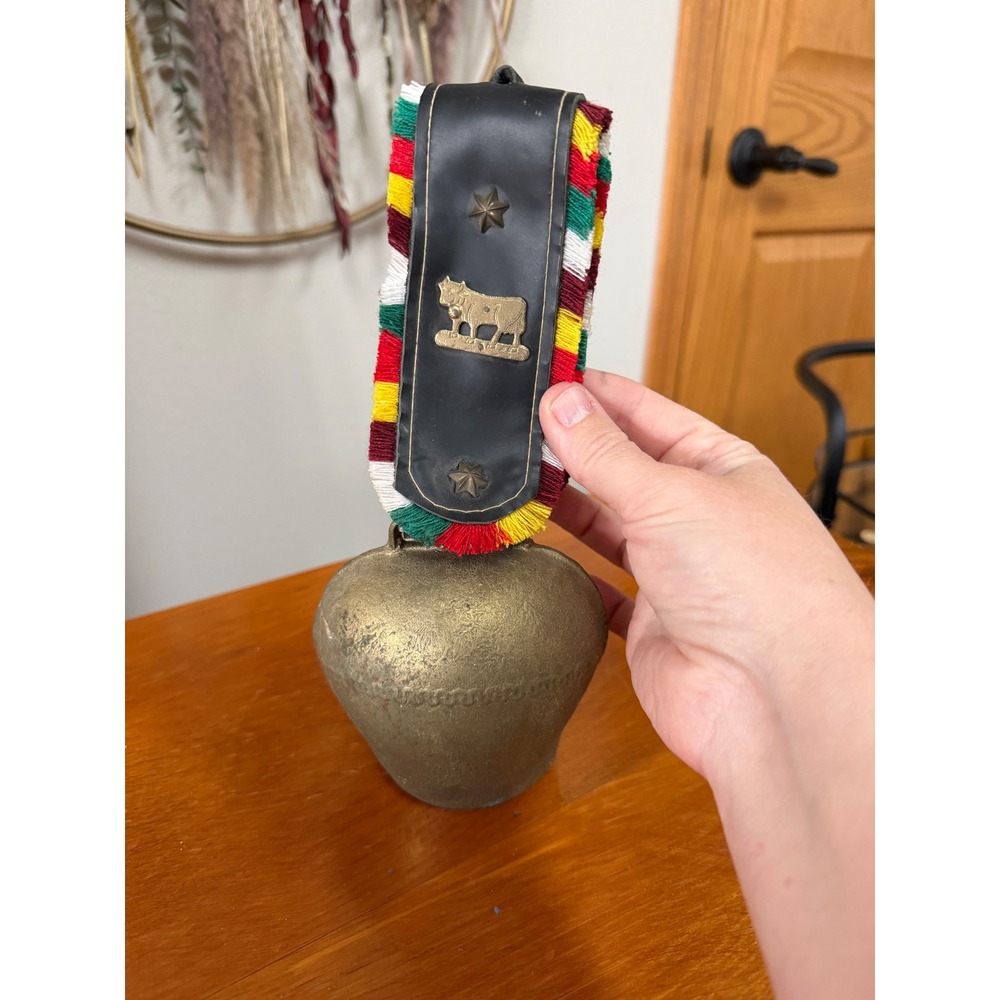 Vintage Swiss Cowbell Brass Alpine Folk Art Leather Strap Fringed Decor